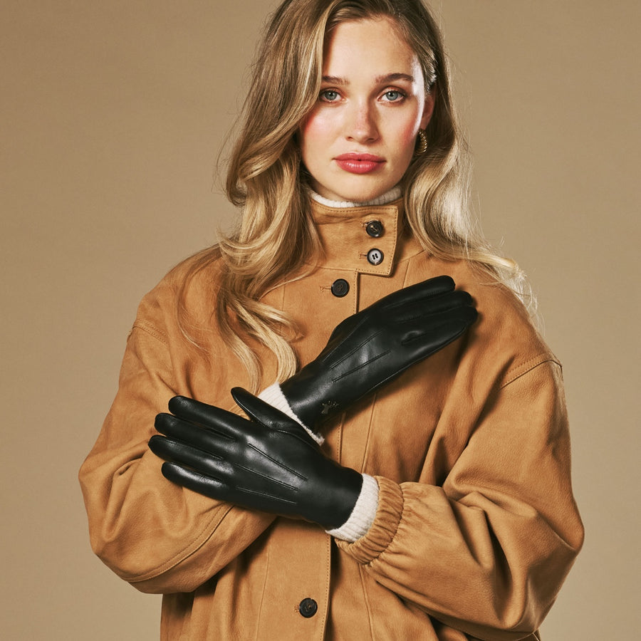Jasmine (noir) - Gants en peau d'agneau pour femme avec doublure luxueuse en fourrure de lapin et fonction écran tactile