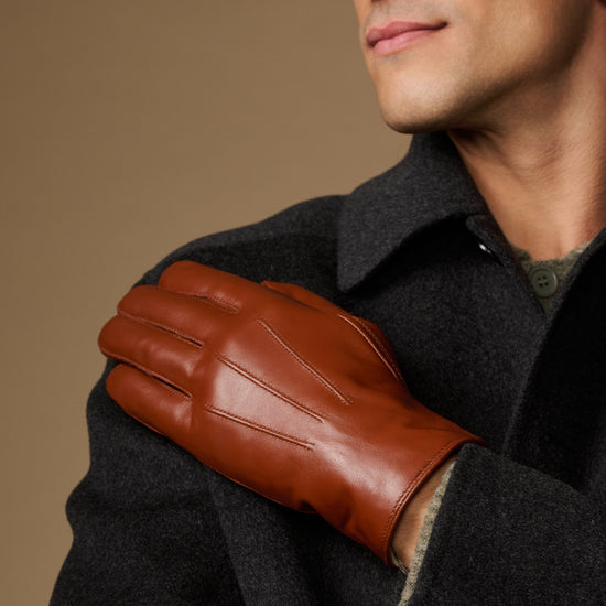 Men's brown leather touchscreen gloves with fur-lined cuffs