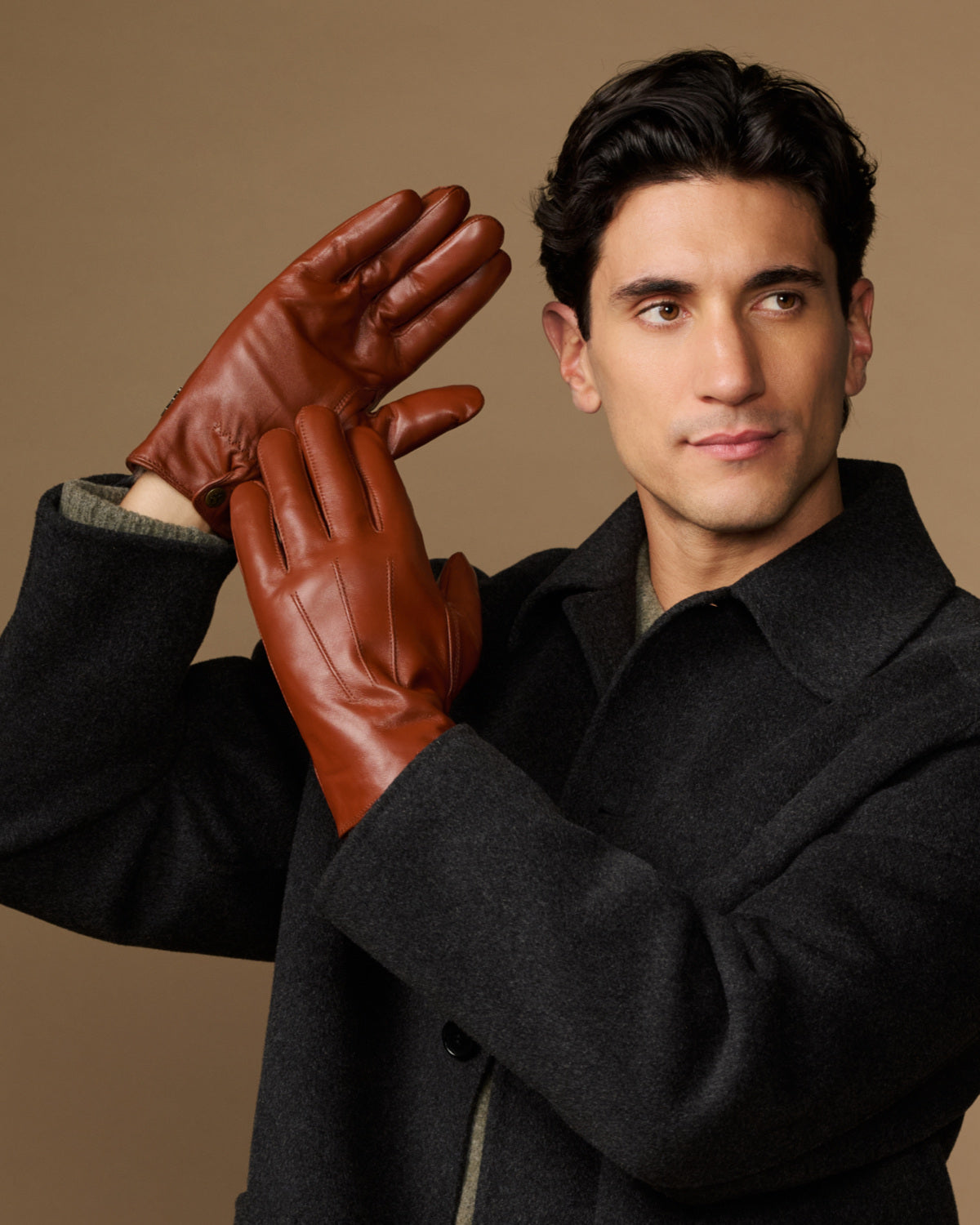 Men's dark brown leather gloves with fur lining; hand raised