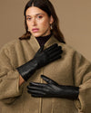Davine (black) - Extra-long women's lambskin gloves with rabbit fur lining & touchscreen feature