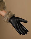 Davine (black) - Extra-long women's lambskin gloves with rabbit fur lining & touchscreen feature