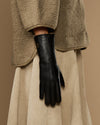 Davine (black) - Extra-long women's lambskin gloves with rabbit fur lining & touchscreen feature