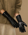 Davine (black) - Extra-long women's lambskin gloves with rabbit fur lining & touchscreen feature