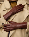 Davine (brown) - Extra-long women's lambskin gloves with rabbit fur lining & touchscreen feature