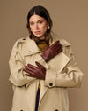 Davine (brown) - Extra-long women's lambskin gloves with rabbit fur lining & touchscreen feature