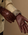 Davine (brown) - Extra-long women's lambskin gloves with rabbit fur lining & touchscreen feature