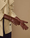 Davine (brown) - Extra-long women's lambskin gloves with rabbit fur lining & touchscreen feature
