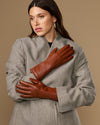 Davine (cognac) - Extra-long women's lambskin gloves with rabbit fur lining & touchscreen feature
