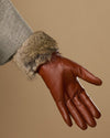Davine (cognac) - Extra-long women's lambskin gloves with rabbit fur lining & touchscreen feature