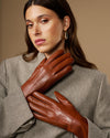 Davine (cognac) - Extra-long women's lambskin gloves with rabbit fur lining & touchscreen feature