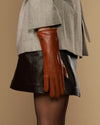 Davine (cognac) - Extra-long women's lambskin gloves with rabbit fur lining & touchscreen feature