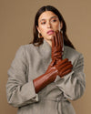 Davine (cognac) - Extra-long women's lambskin gloves with rabbit fur lining & touchscreen feature