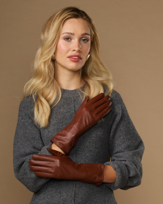 Emma (cognac) - Extralange Schaflederhandschuhe mit luxuriösem Kaschmirfutter & Touchscreen-Funktion