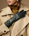 Emma (dark green) - Extra-long sheepskin leather gloves with luxurious cashmere lining & touchscreen feature