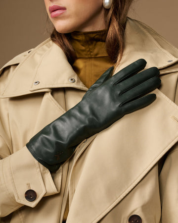 Emma (dark green) - Extra-long sheepskin leather gloves with luxurious cashmere lining & touchscreen feature