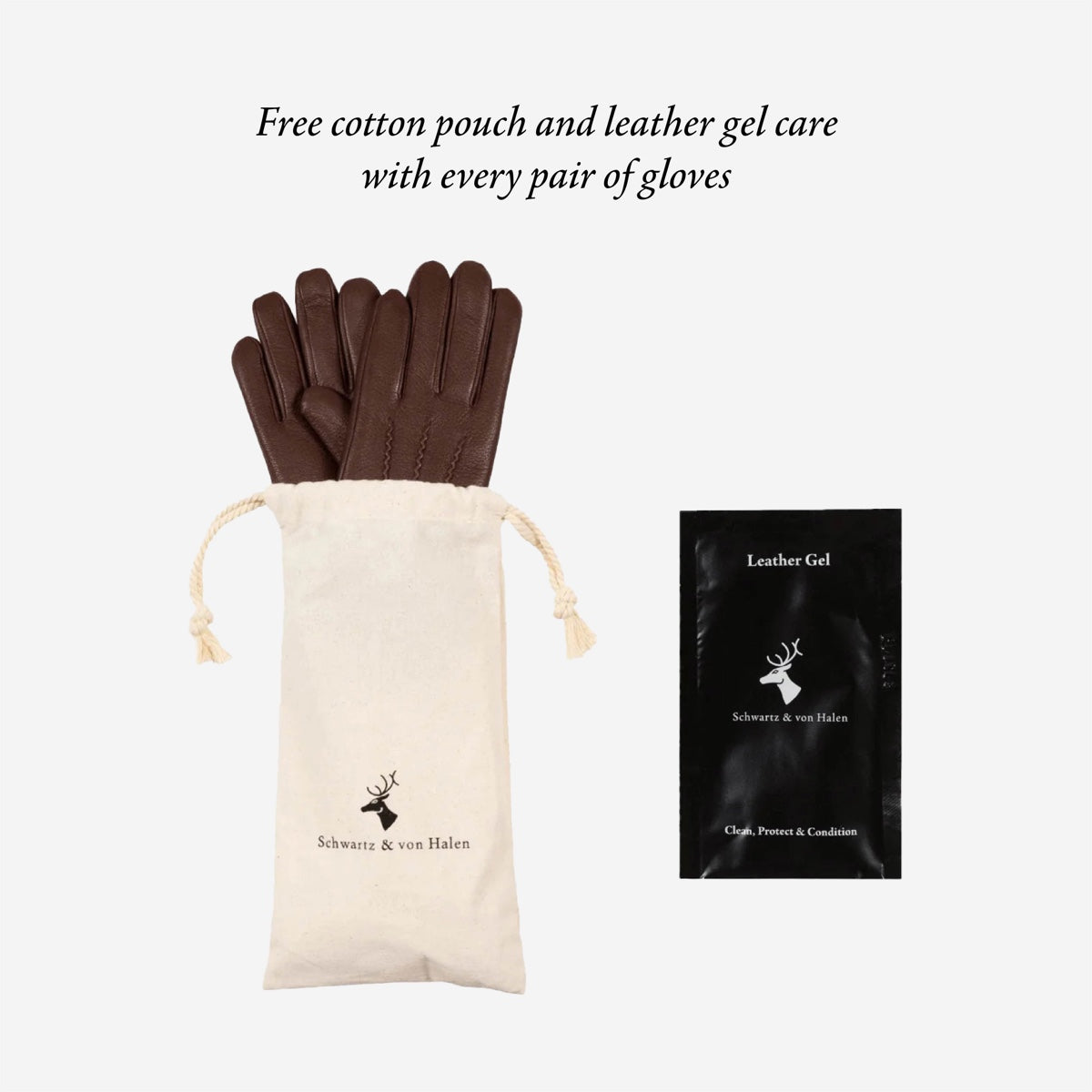 Pair of brown leather gloves with cotton pouch and leather gel care pack
