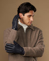 Men's navy goatskin leather gloves with wool lining, stitched finger and palm design