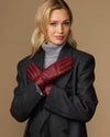 Bordeaux leather gloves for women, front view with hands crossed