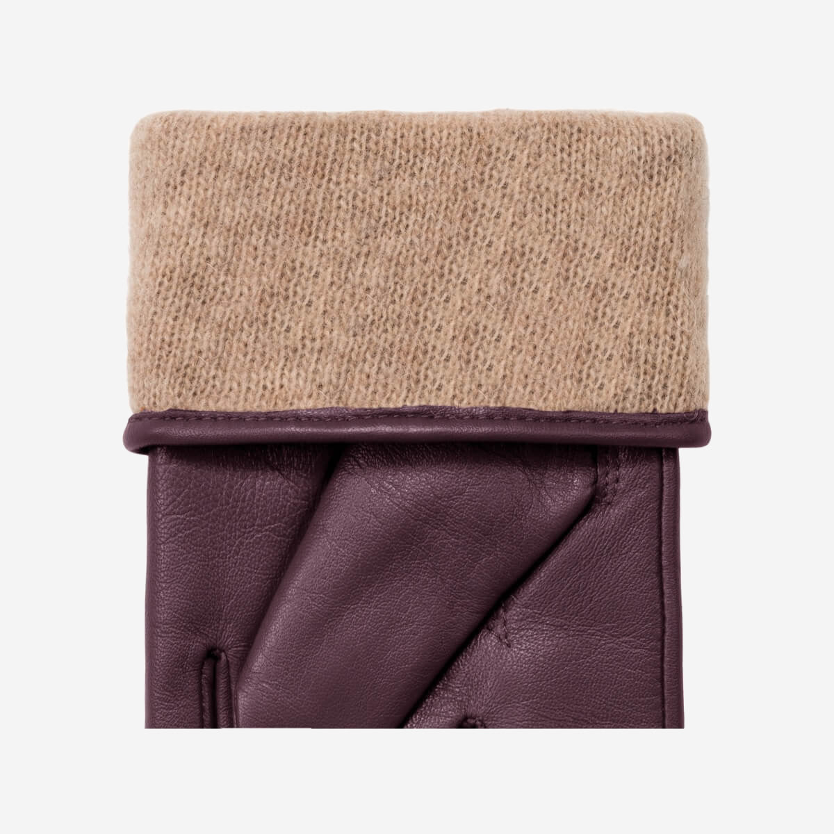 Purple leather glove cuff with beige wool lining; smooth pull-on fit