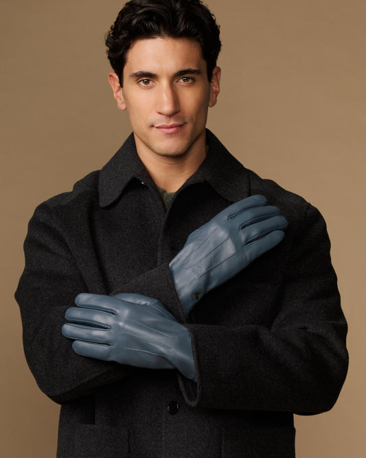 Blue sheepskin gloves with fleece lining, men's winter gloves