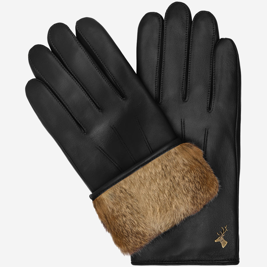 Jasmine (noir) - Gants en peau d'agneau pour femme avec doublure luxueuse en fourrure de lapin et fonction écran tactile