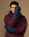 Blue insulated mittens with quilted pattern and wraparound wrist strap
