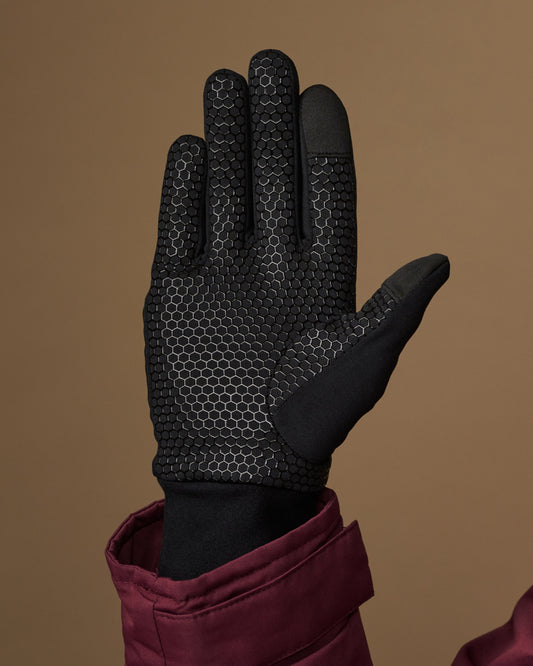 Black activity glove with a textured grip palm and reinforced fingertips