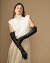 Black leather gloves with long cuffs and soft silk lining edge