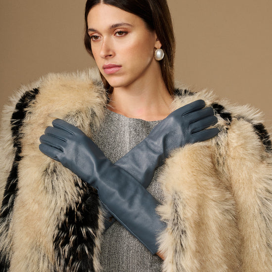 Women’s grey below-elbow leather gloves shown from the front, smooth leather