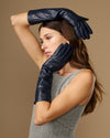 Women’s dark blue below-elbow leather gloves, smooth lambskin with curved cuff edge