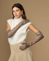 Taupe lambskin leather opera gloves, long cuffs and tapered finger shape