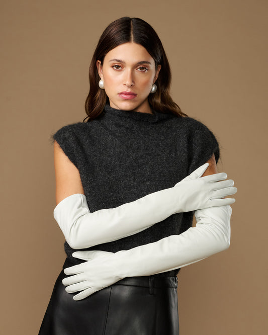 Women's white leather opera gloves with smooth matte finish