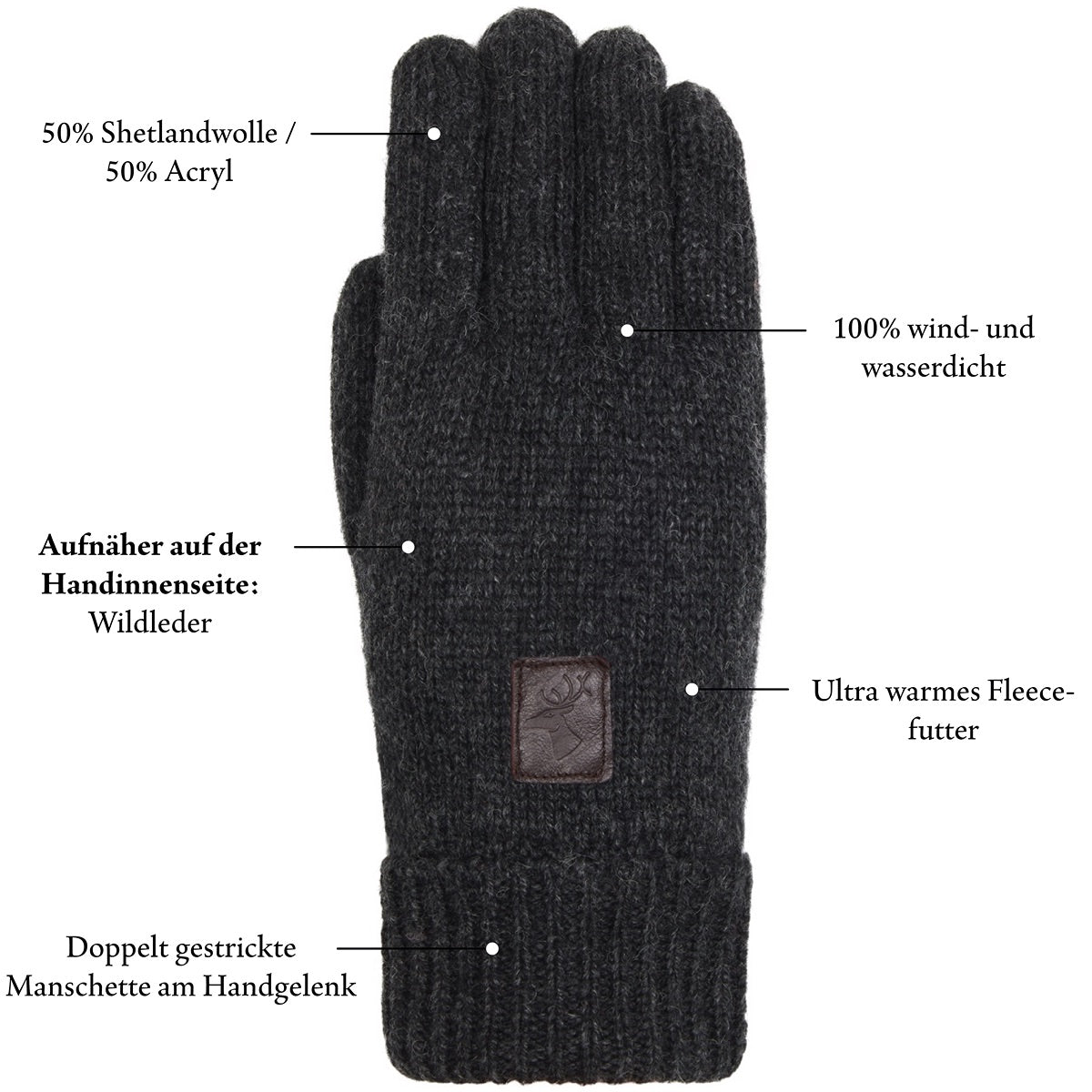 Handschuhe aus Wolle Shetland Grau Hudson  – Schwartz & von Halen® – Premium Lederhandschuhe - 11