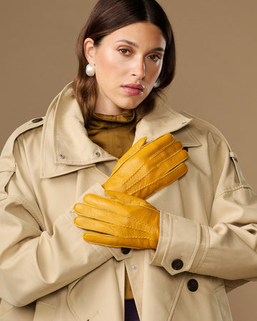 Sienna (gelb) - Luxuriöse Damenhandschuhe aus amerikanischem Hirschleder mit reinem Kaschmirfutter