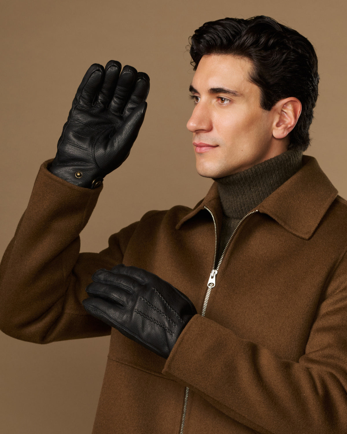 Black goatskin leather gloves with press-stud cuff and warm fleece lining